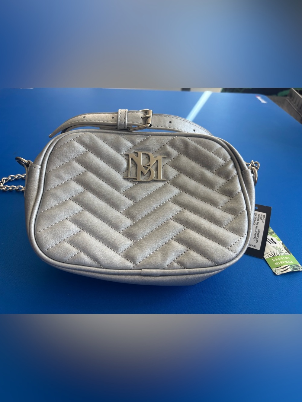 Badgley Mischka Silver Quilted Crossbody with Logo Emblem NWT